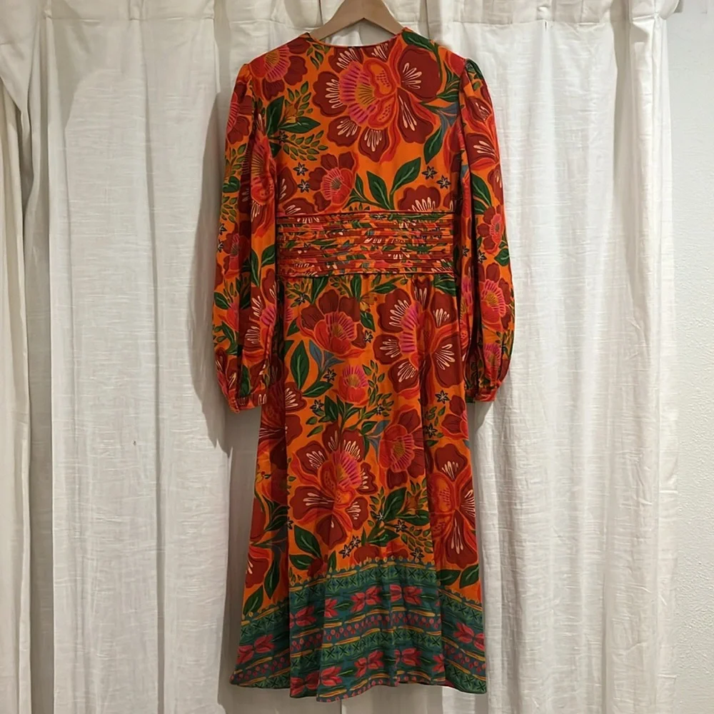 FARM RIO for Anthropologie Tropical Floral Linen Deep V Midi Dress